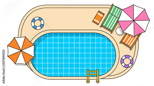Summer resort aerial view background with flat design poolside elements