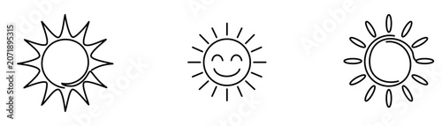 Sun icons set designed in continuous line art style. Minimalist one line drawing of cute smiling sun and summer sunshine elements isolated on white background