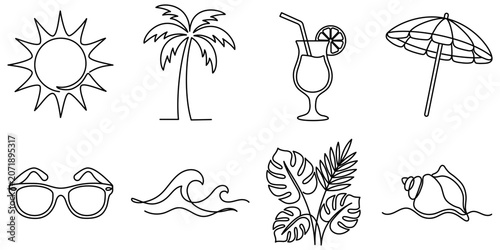 A set of icons themed around summer beaches and the tropics. Single-line illustrations include a sun, palm tree, cocktail, umbrella, sunglasses, and more on a white background. Editable stroke