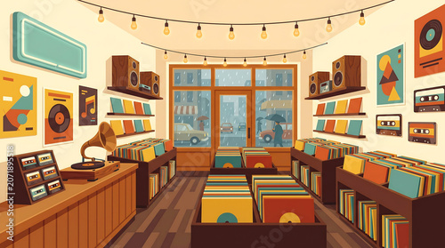 Cozy music store interior with records and vintage equipment on display
