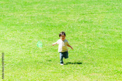 夏に虫取りをする2歳の男の子