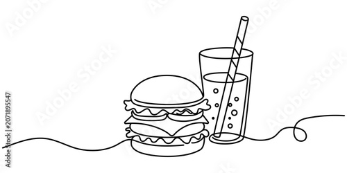 Burger and soda drink continuous line art. Minimalist one line fast food hamburger and soft drink illustration isolated on white background. Editable stroke