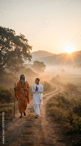 Guru Purnima spiritual journey of guru and disciple at sunrise illustration background artwork