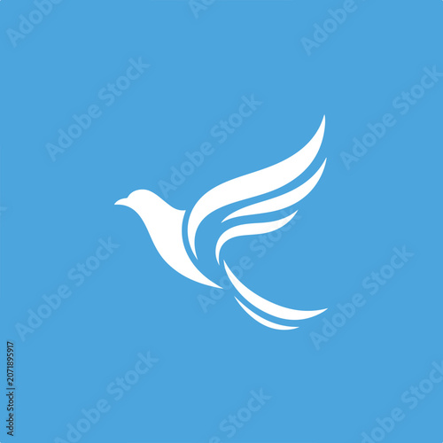 Minimalist white dove symbol flying on blue background.