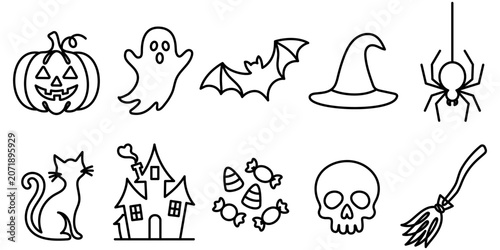 Cuadro en lienzo Detailed Halloween outline icons collection