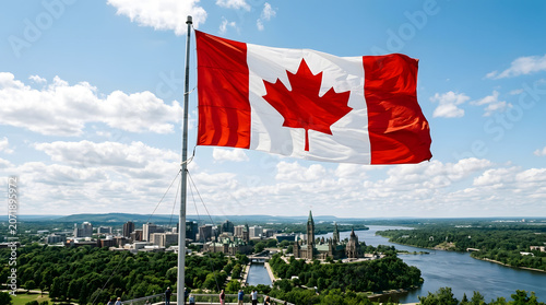 The Canadian flag waves in the wind overlooking a scenic cityscape with a river and buildings under a blue sky with clouds.