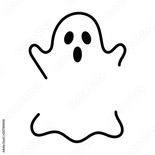 Minimalist Halloween ghost line art icon. Spooky flying phantom outline drawing with expressive face isolated on white background