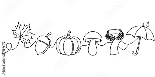 Autumn season continuous line art horizontal banner. Cozy minimalist one line drawing elements of maple leaf, acorn, pumpkin, mushroom, scarf, and umbrella isolated vector