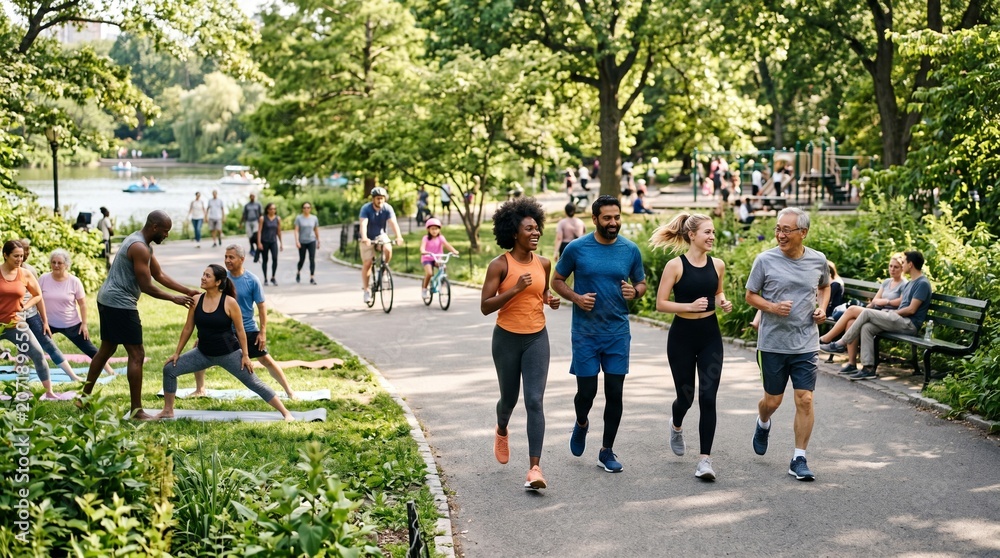 Obraz premium Diverse Group Jogging and Exercising in Sunny City Park