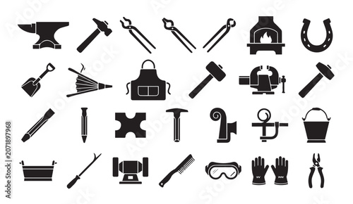 Blacksmithing and metalworking hand tools and forge icons with blacksmith