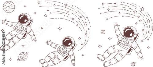 фотографія Astronaut line art vector set, floating spaceman in zero gravity with stars and