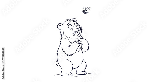 Outlined bear character standing with surprised expression on plain background illustration