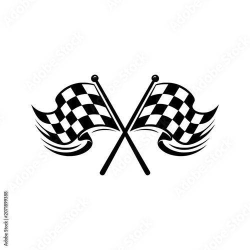 Crossed Checkered Flags icon featuring two perfectly balanced racing flags in a dynamic finish-line composition. Premium black and white vector emblem ideal for motorsports, racing brands, car clubs, 