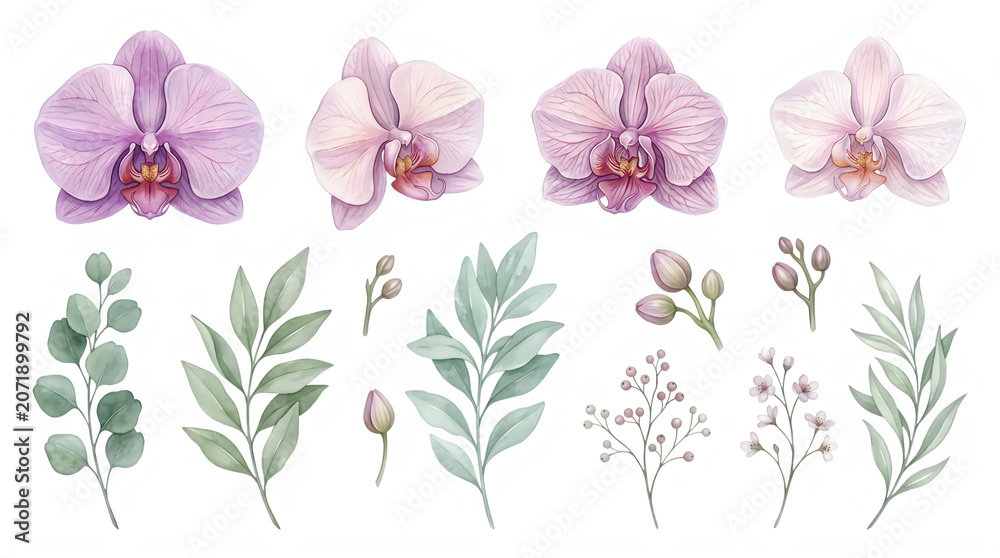 Obraz premium Watercolor illustration of pink orchids and various green leaves isolated on transparent background