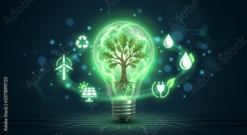 A glowing green light bulb with a tree inside surrounded by eco-friendly icons on a dark background
