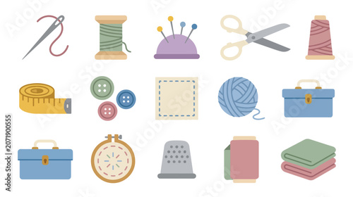 Sewing and Mending Supplies Flat Vector Icons Collection Set