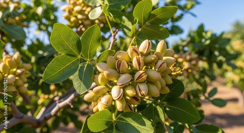 A branch of a pistachio tree is filled with green pistachio nuts. The tree is set against a bright blue sky with some scattered clouds.