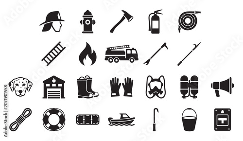 Fotografía Firefighter and emergency rescue equipment icon set with firefighter, emergency