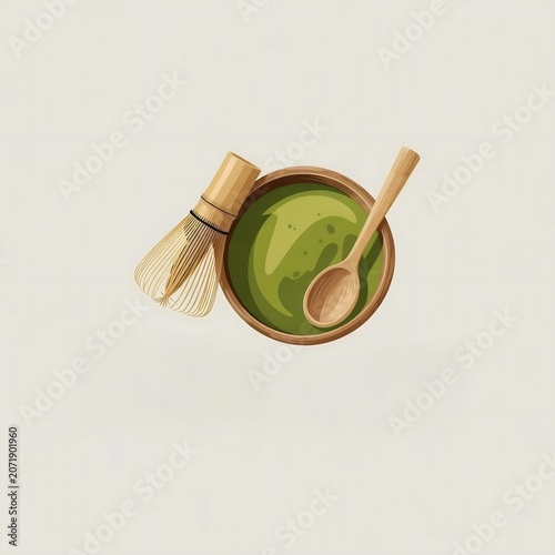 Minimalist vector illustration of traditional matcha tea preparation set