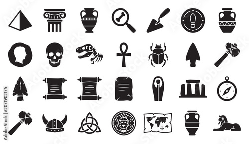 Tableau sur toile Set of black icons featuring ancient history and archaeological discoveries