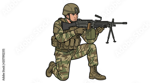 Tableau sur toile Illustration of a soldier kneeling and aiming a machine gun with a tripod against a white background
