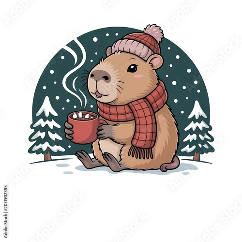Cute cartoon capybara wearing winter hat and scarf holding hot chocolate mug