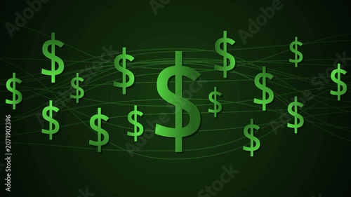 Dollar signs floating on a dark abstract background, showing money finance and wealth concept animation