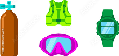Obraz na plátně Scuba Diving and Snorkeling Water Sports Equipment Vector Illustration Set Featu