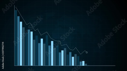 Declining bar chart with downward trend, Blue bar chart with falling line graph decline in business data, finance performance and analytics animation