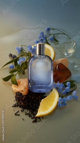 Luxury blue perfume bottle mockup surrounded by fresh lemon slices and blue flowers