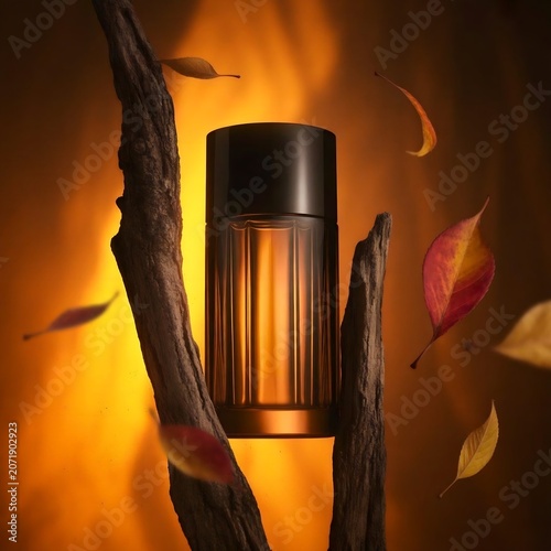 Luxury men's perfume bottle mockup nestled between rustic wooden branches
