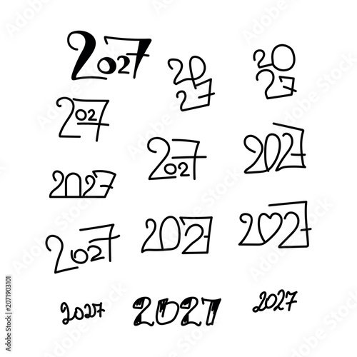 2027 New Year hand drawn lettering set. Collection of minimalist black numbers typography logotypes. Isolated elements on white background.