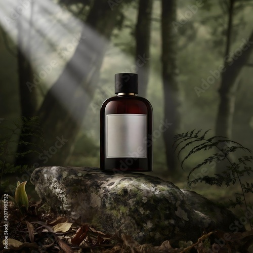 Luxury amber perfume bottle mockup on a mossy stone podium in the forest
