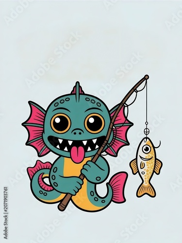 Cute sea monster cartoon character fishing a small gold fish illustration