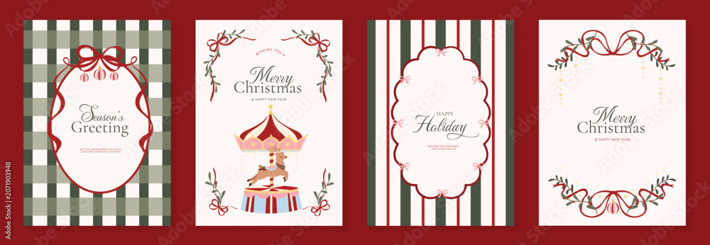 Fototapeta premium Vintage Christmas card vector template set. Elegant festive greeting designs with ribbons, tree, ornaments, holly frames and classic holiday typography for seasonal stationery.