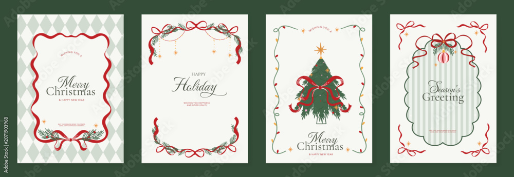 Fototapeta premium Vintage Christmas card vector template set. Elegant festive greeting designs with ribbons, tree, ornaments, holly frames and classic holiday typography for seasonal stationery.