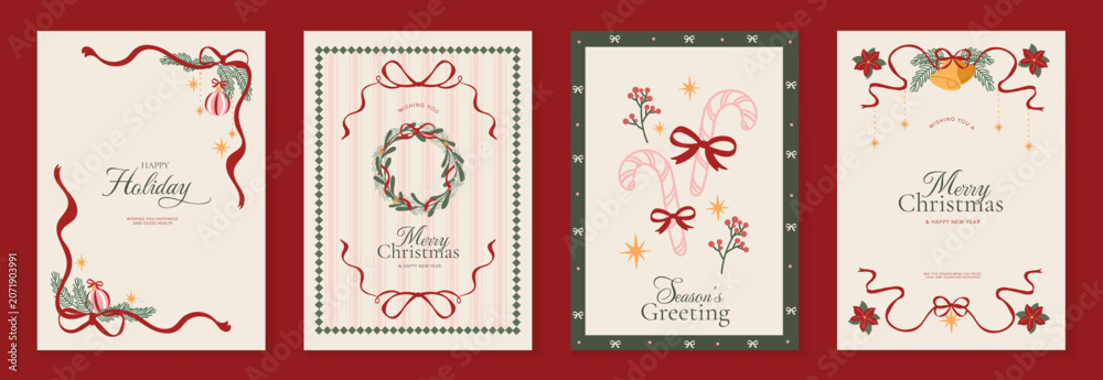 Fototapeta premium Vintage Christmas card vector template set. Elegant festive greeting designs with ribbons, tree, ornaments, holly frames and classic holiday typography for seasonal stationery.