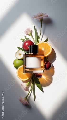 Luxury perfume bottle mockup with fresh citrus orange slices and flowers