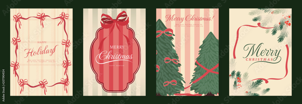Fototapeta premium Vintage Christmas card vector template set. Elegant festive greeting designs with ribbons, tree, ornaments, holly frames and classic holiday typography for seasonal stationery.