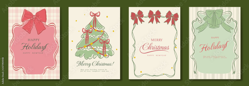 Fototapeta premium Vintage Christmas card vector template set. Elegant festive greeting designs with ribbons, tree, ornaments, holly frames and classic holiday typography for seasonal stationery.