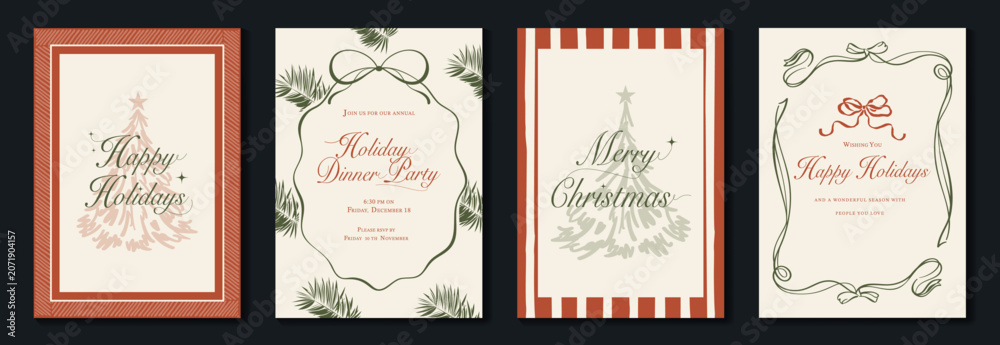 Fototapeta premium Vintage Christmas card vector template set. Elegant festive greeting designs with ribbons, tree, ornaments, holly frames and classic holiday typography for seasonal stationery.
