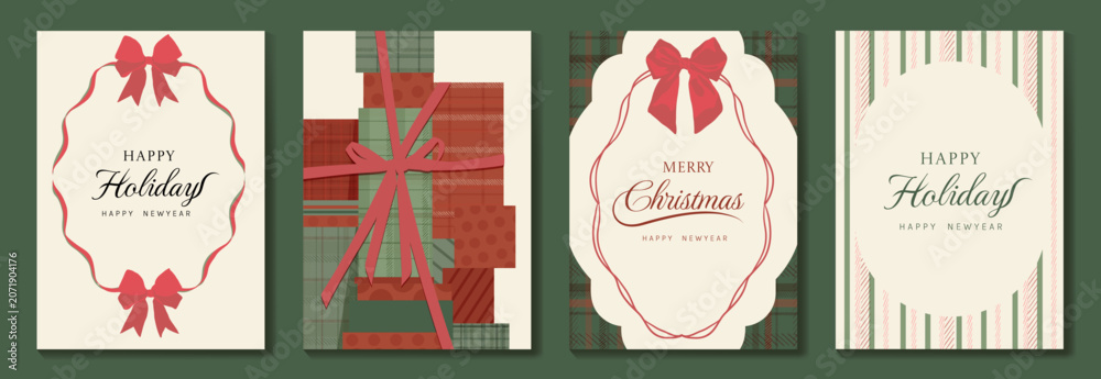 Fototapeta premium Vintage Christmas card vector template set. Elegant festive greeting designs with ribbons, tree, ornaments, holly frames and classic holiday typography for seasonal stationery.