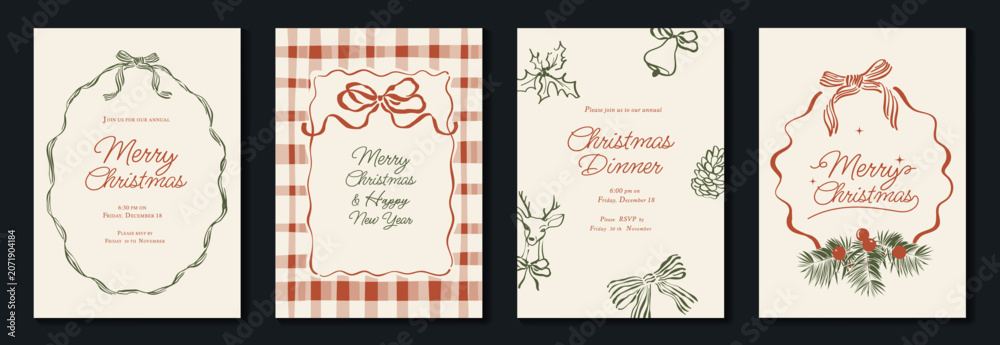 Fototapeta premium Vintage Christmas card vector template set. Elegant festive greeting designs with ribbons, tree, ornaments, holly frames and classic holiday typography for seasonal stationery.