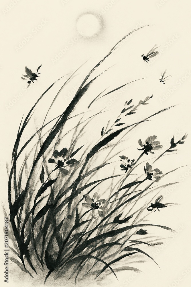 Fototapeta premium Monochrome ink painting of dragonflies above moonlit meadow
