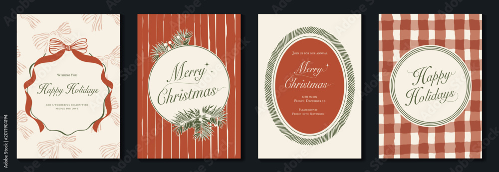 Fototapeta premium Vintage Christmas card vector template set. Elegant festive greeting designs with ribbons, tree, ornaments, holly frames and classic holiday typography for seasonal stationery.