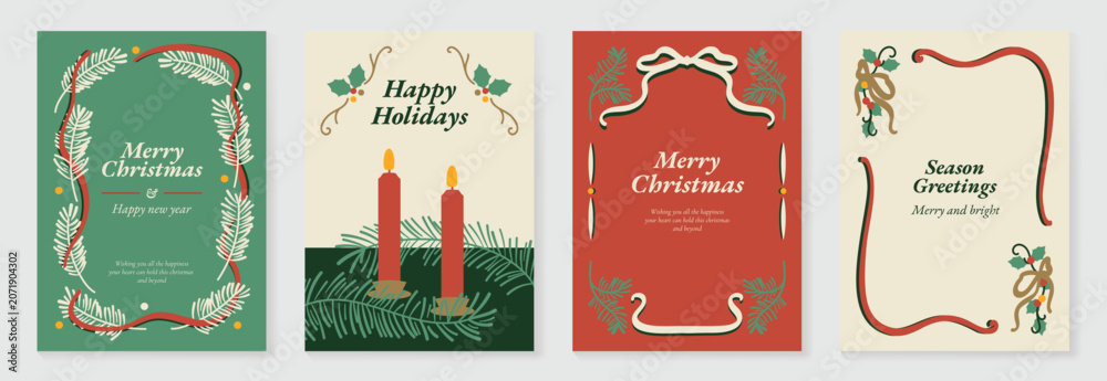 Fototapeta premium Vintage Christmas card vector template set. Elegant festive greeting designs with ribbons, tree, ornaments, holly frames and classic holiday typography for seasonal stationery.