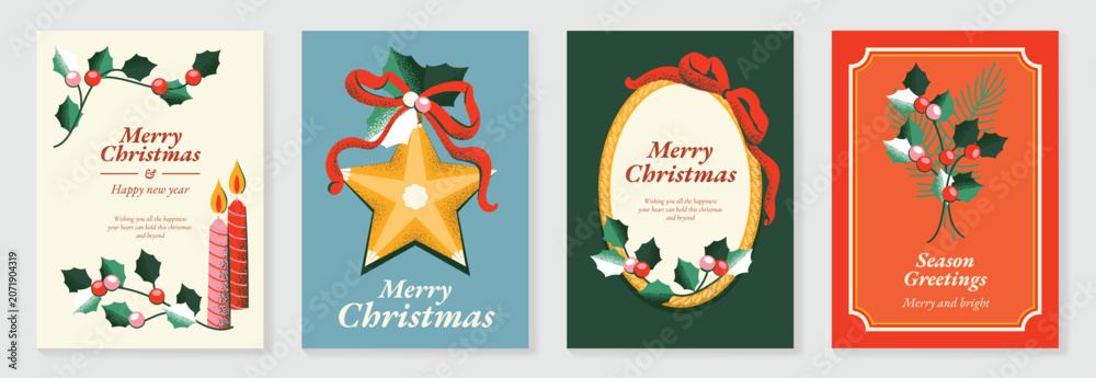 Fototapeta premium Vintage Christmas card vector template set. Elegant festive greeting designs with ribbons, tree, ornaments, holly frames and classic holiday typography for seasonal stationery.