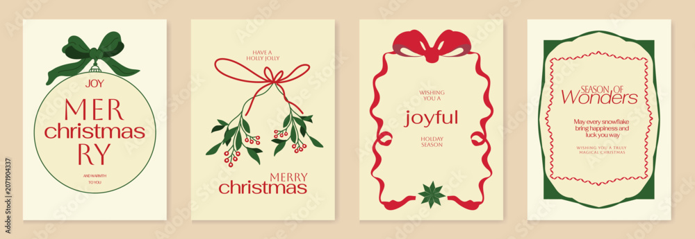 Fototapeta premium Vintage Christmas card vector template set. Elegant festive greeting designs with ribbons, tree, ornaments, holly frames and classic holiday typography for seasonal stationery.