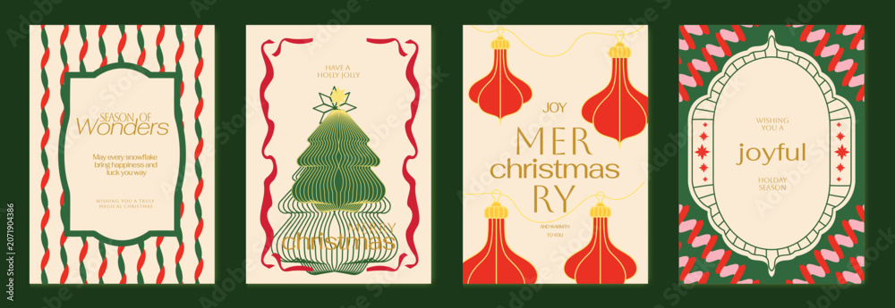 Fototapeta premium Vintage Christmas card vector template set. Elegant festive greeting designs with ribbons, tree, ornaments, holly frames and classic holiday typography for seasonal stationery.