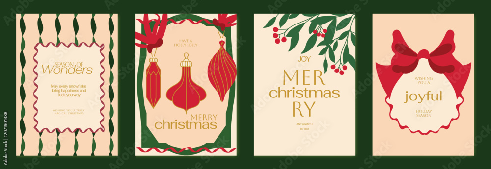 Fototapeta premium Vintage Christmas card vector template set. Elegant festive greeting designs with ribbons, tree, ornaments, holly frames and classic holiday typography for seasonal stationery.